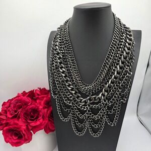 BaubleBar Gunmetal Multi Strand Layered Chain Bib Statement Necklace Edgy Grey